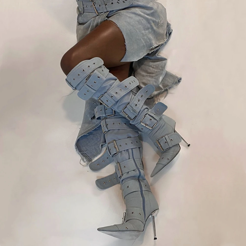 Women's Sexy Denim Metal Buckle Design Pointy Hollow Wide Ankle Strap Stiletto Heel Sandals Over-The-Knee Boots High Heel Shoes