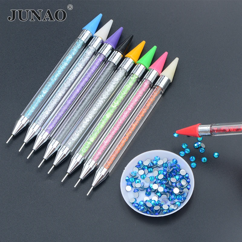 JUNAO 9 Colors Wax Pencil Rhinestone Dap Pen Picking Up Strass Diamonds Painting Tool Crystal Picker For Nail Art Decoration