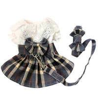 lattice dog dress and leash set cute bowknot teddy bichon dog harness vest spring summer cat dress chihuahua pet clothing