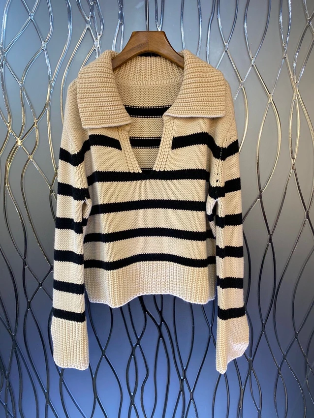 

2023 new women fashion long sleeve sexy casual lapel striped college style simple pullover knitted sweater 1215