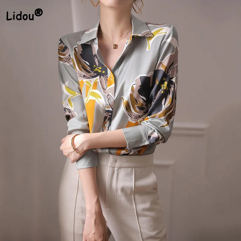 

Fashion Women Blouses 2022 Spring Autumn Printing Button Office Lady Turn-down Collar Imitation Mulberry Silk Long Sleeve Shirt