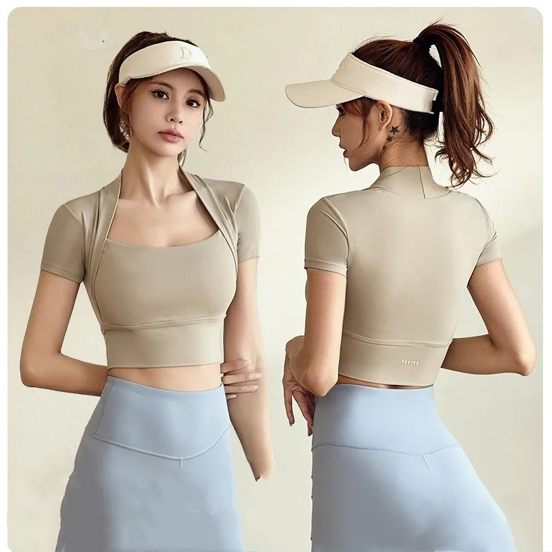 

Yoga Suit With Chest Pad Women's Quick Drying One Piece Bra Yoga Short Sleeved Outdoor Exercise High Elasticity Nudity Skin Frie