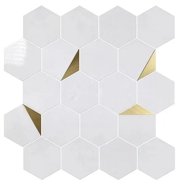 

Hexagonal gold metail tile mix white stone mosaic kitchen mosaic tile for home decoration