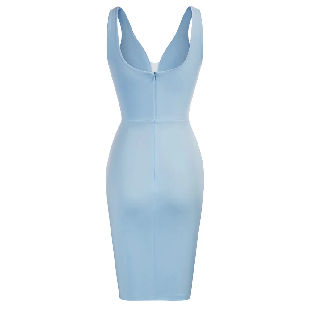 Женское облегающее платье с рюшами без рукавов V-образным вырезом и U-образным