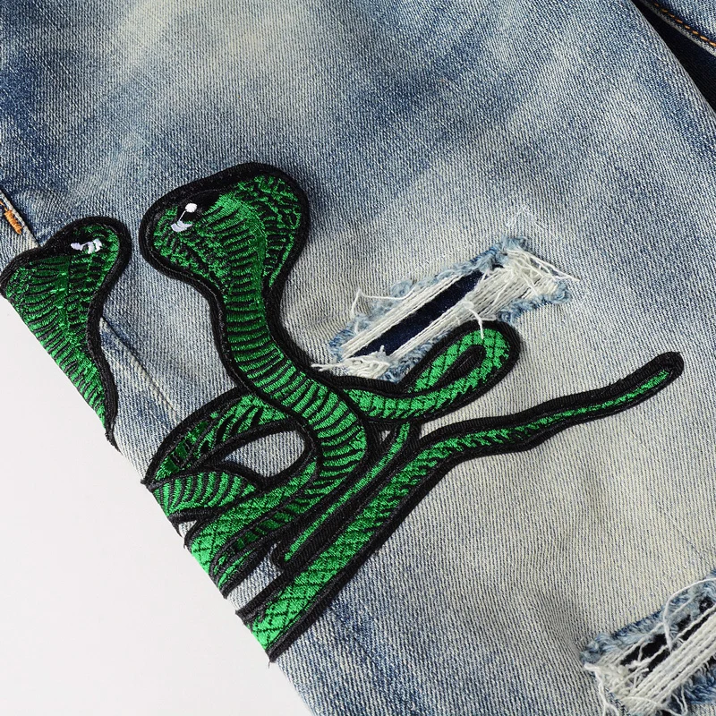 Street Fashion Men Jeans Leather Patch Retro Blue Stretch Skinny Ripped Jeans Men Three Headed Snake Design Hip Hop Brand Pants