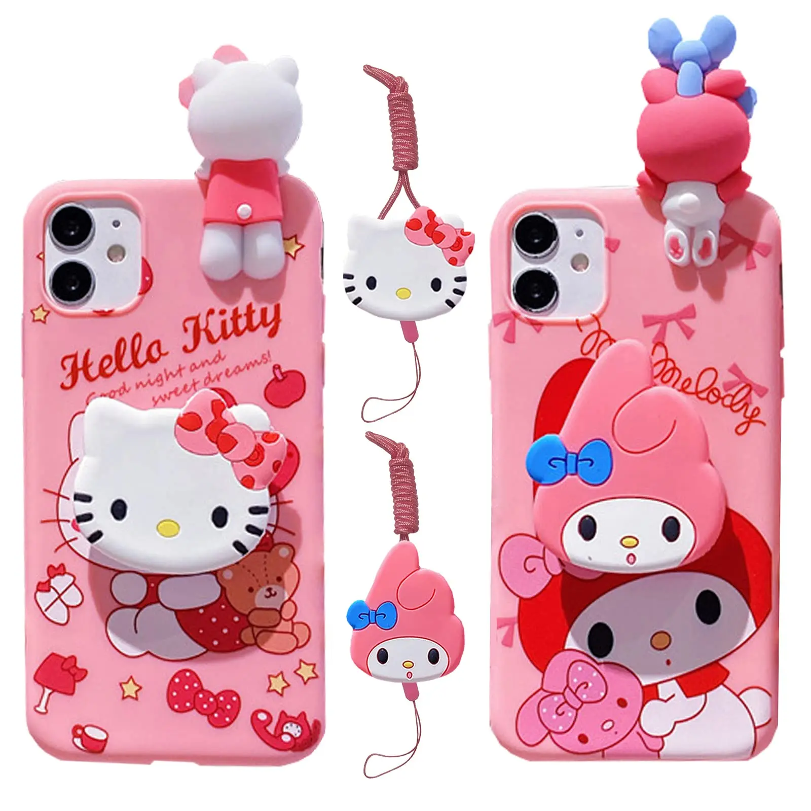 For iPhone 6 6s 7 8 X Xs Max XR 11 12 13 14 Pro SE Max Case My Melody Hello Kitty TPU Soft Phone Case With Holder Strap Rope