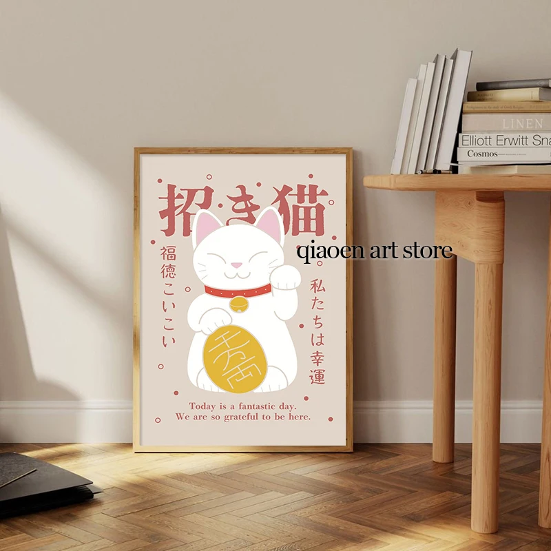Постеры на холсте с японским счастливым котом картина кавайные Манеки Неко