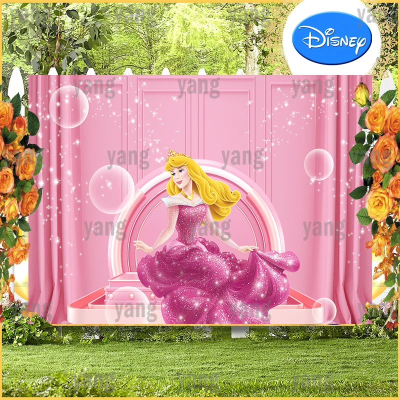 Cartoon Disney Happy Birthday Dots Background Pink Glitter Backdrop Custom Party Sleeping Beauty Blonde Hair Princess Aurora