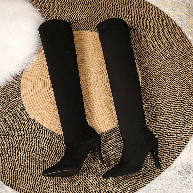 Женские модные хлопковые сапоги на тонком каблуке новые зимние замшевые до