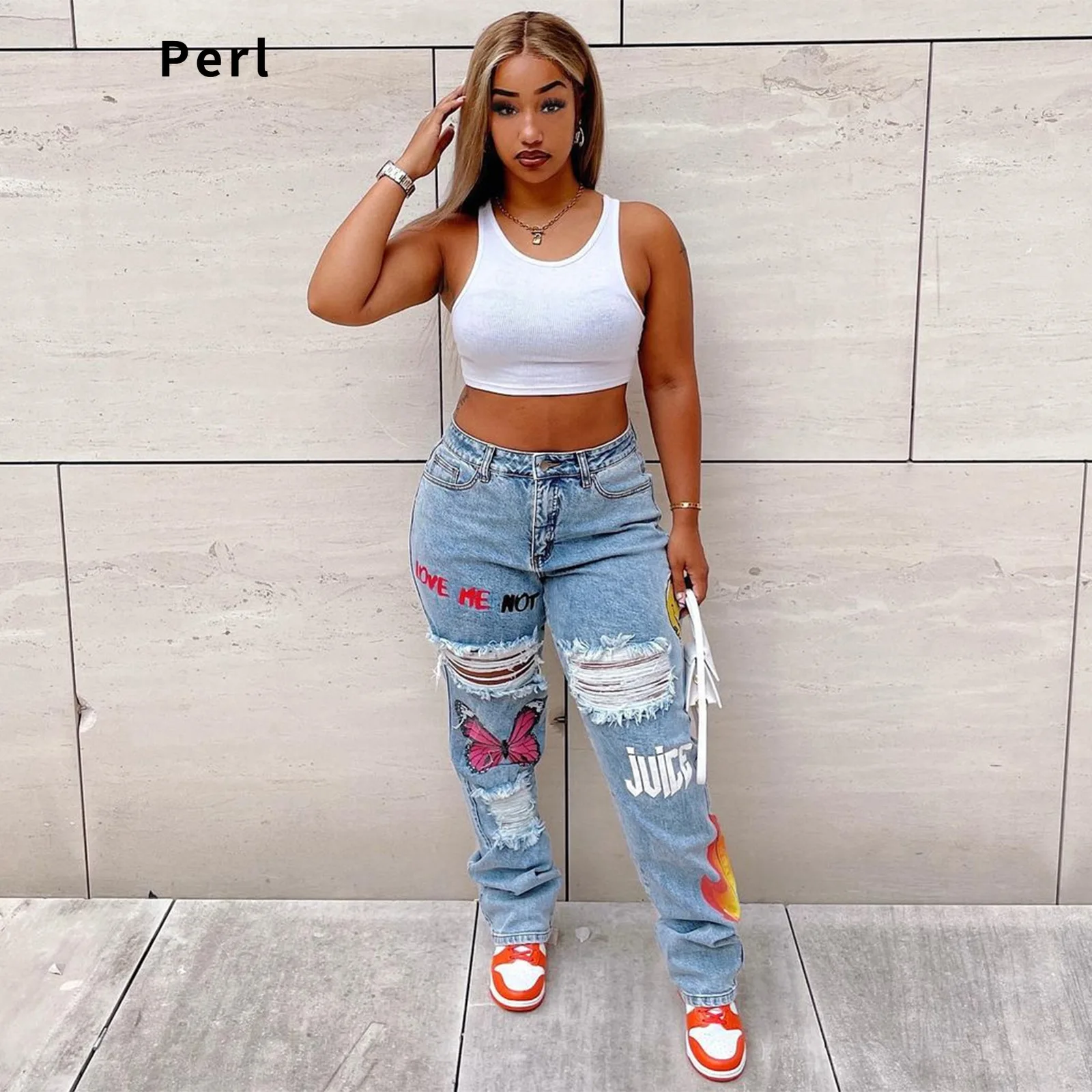Perl Ripped Jeans for Women Vintage Streetwear Mid Waisted Denim Pants Letter Printed Trousers De Mesclilla Para Mujer