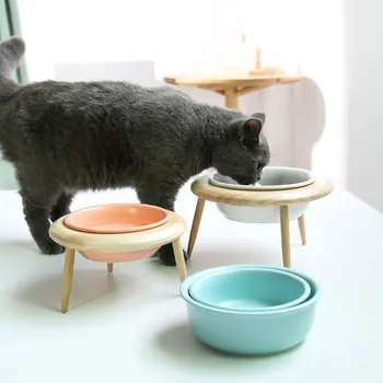 Ulmpp Creative UFO Cat Bowl Ceramic with Wooden Stand Pet Feeder Elevated Kitten Puppy Food Water Feeding Dish Dog Supplies