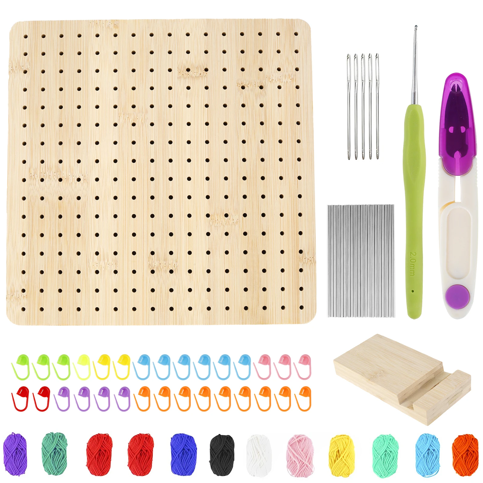 

Wooden Blocking Board with 196 Small Holes Reusable Granny Squares Blocking Board Portable Knitting Crochet Board with 12 Wool