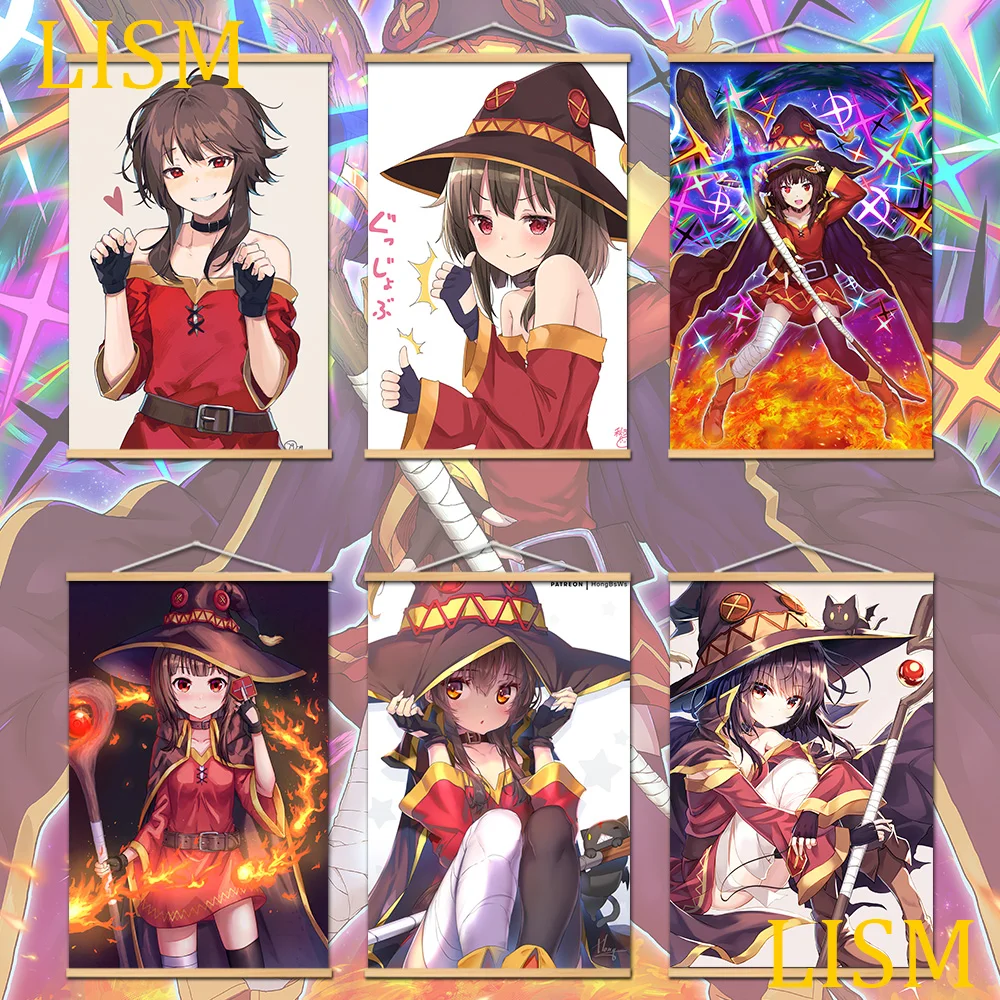 

KonoSuba Megumin Cute Girl Japan Anime Poster Manga canvas painting Solid Wood Hanging Scroll posters wall Art Home Decor