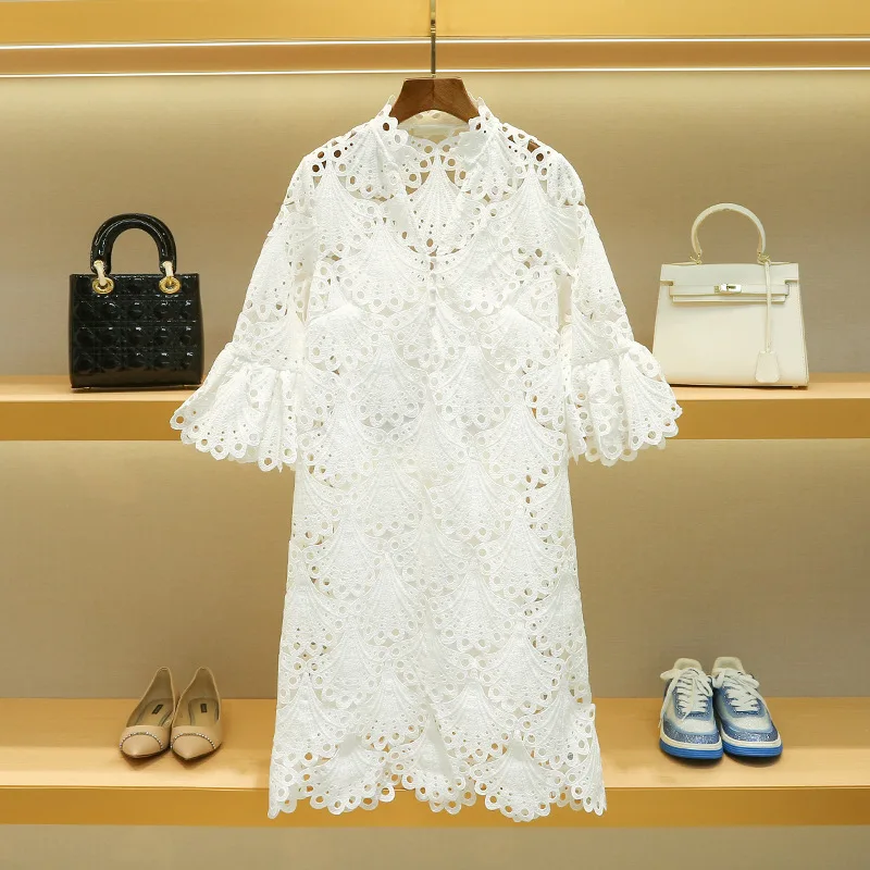 

Pencil Skirt Women 2022 Summer New Elegant V-neck Crocheted Hollow Embroidery Elastic Waist Two-piece Petal Sleeve Dress