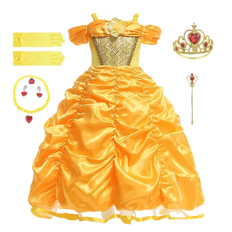 

Summer Little Girls Cosplay Belle Colthes Kids Princess Sleeveless Ruched Costume Children Halloween Party Dance Ball Gown