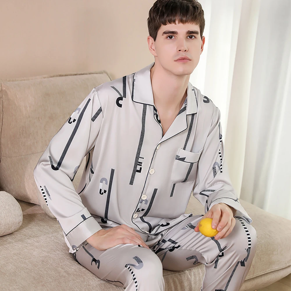 Trendyol Print Silk Pajamas Men's Pijama Sets Spring Summer Thin Satin Long Sleeve Sleep Tops Elastic Waist Soft Pajama for Men