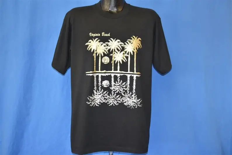 90s Virginia Beach Palm Tree Sunset Ocean Black t-shirt Extra Large
