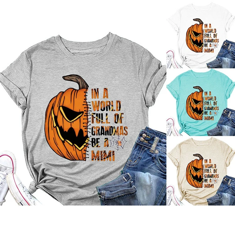 

New Summer Women's IN A WORLD FULL Letter Pumpkin Halloween Casual Retro Round Neck Short Sleeve T-Shirt