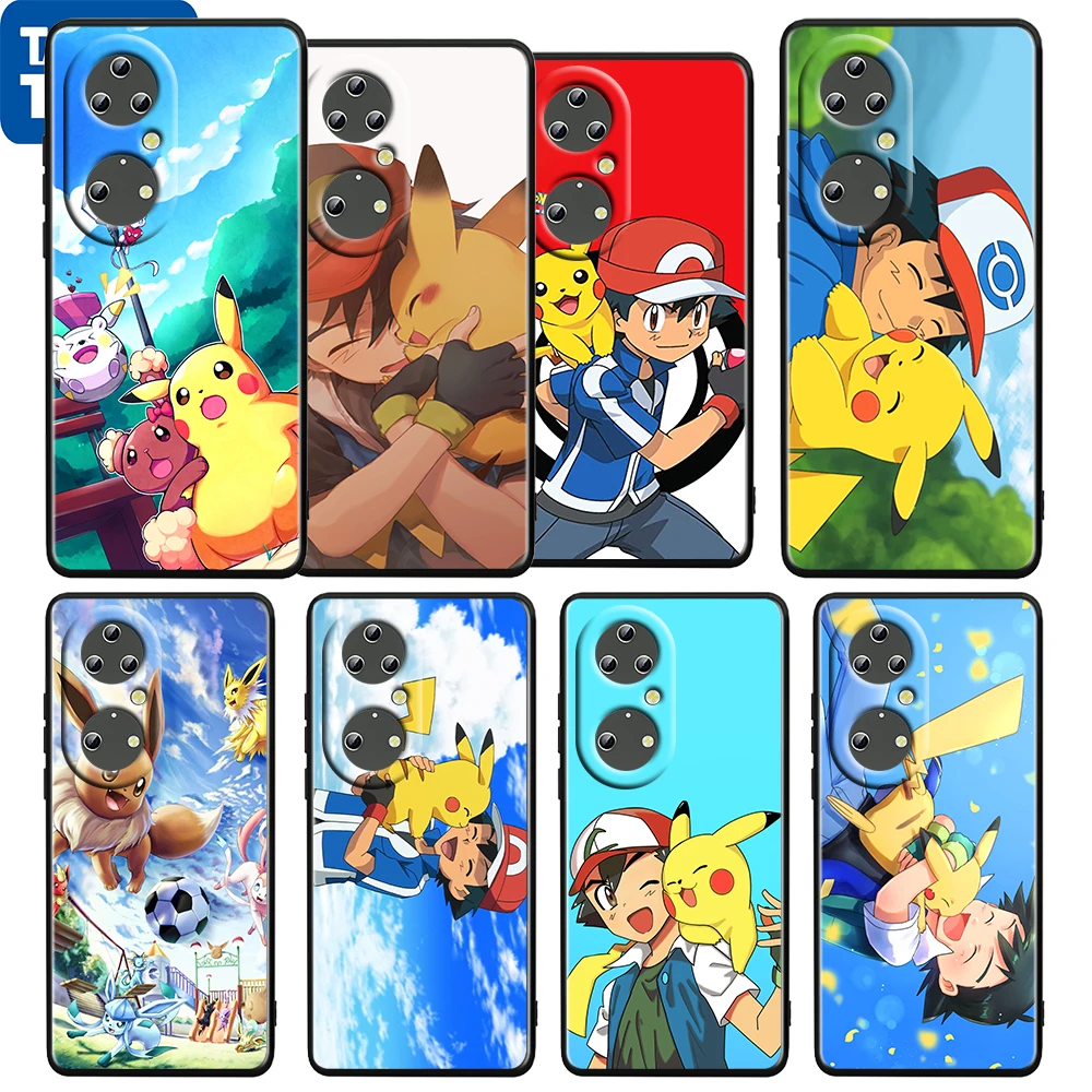 

Pokemon Cartoon Pikachu For Huawei P50 P20 P30 P40 5G P10 Pro Lite E Plus P9 Lite Mini Silicone Soft Black Phone Case Cover Capa