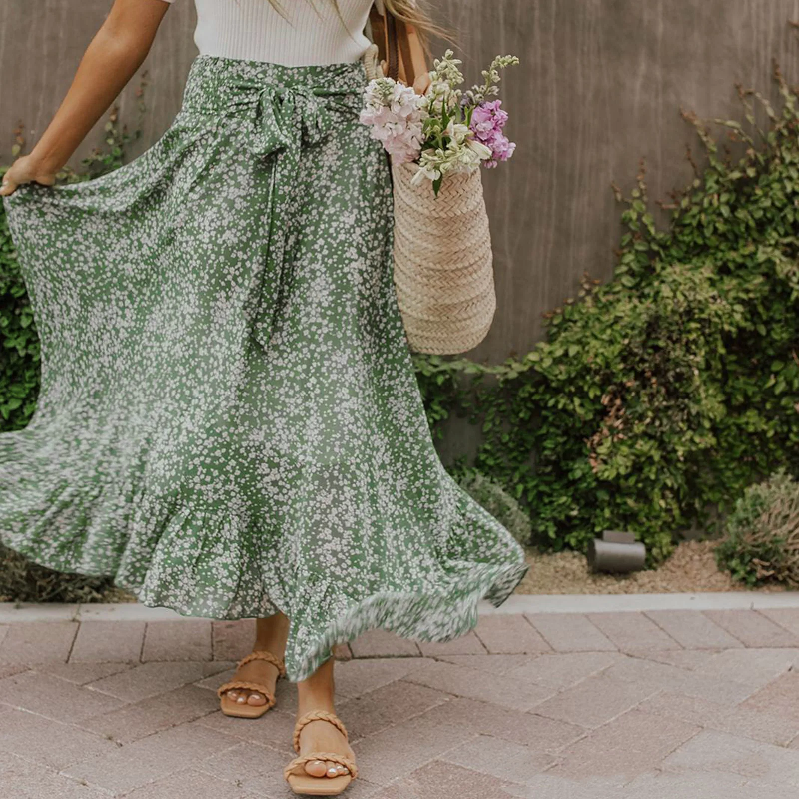 

Юбка-накидка с цветочным рисунком в Корейском стиле, большая юбка-качели с высокой талией, эластичная бандажная юбка с оборками, шерстяные ю...