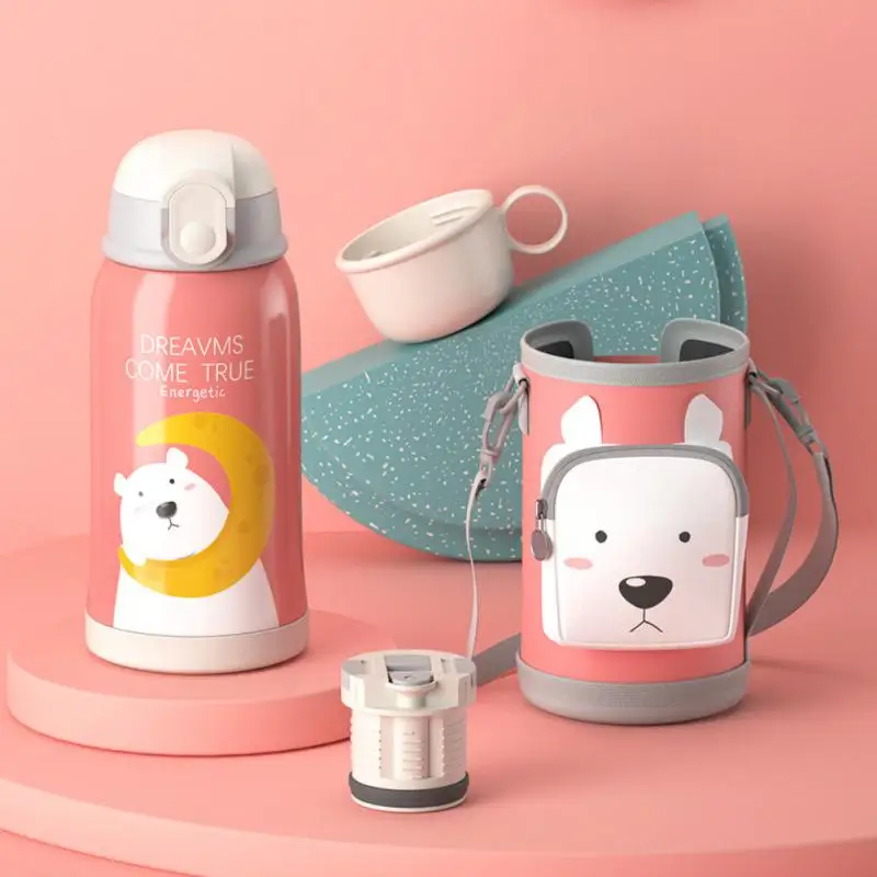 

550ml Cartoon Stainless Steel Straw Thermos Mug With Case Portable Kids Vacuum Flask Children Thermal Bottle Thermocup 7 Colors