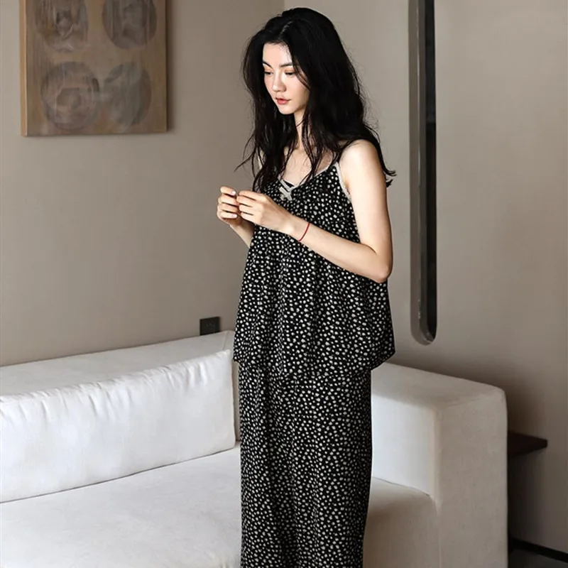 Yasuk Spring Summer Fashion Women's Casual Kawaii Lovely Sexy Simple Sleepwear Halter Top Vest Pajamas Women With Pants Broken