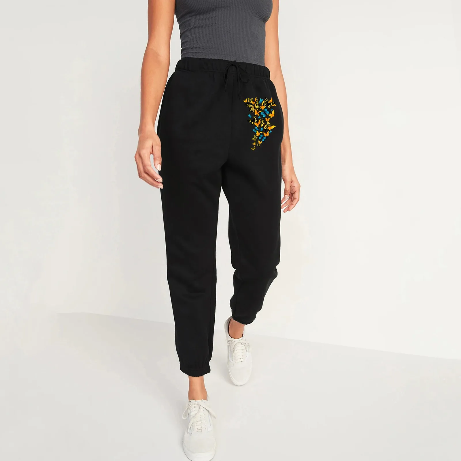 

Women Yoga Pants with Pockets Casual Womens Trousers Mid Waist Black Batterflies Prints Stretchy Black Pants for Women for Work