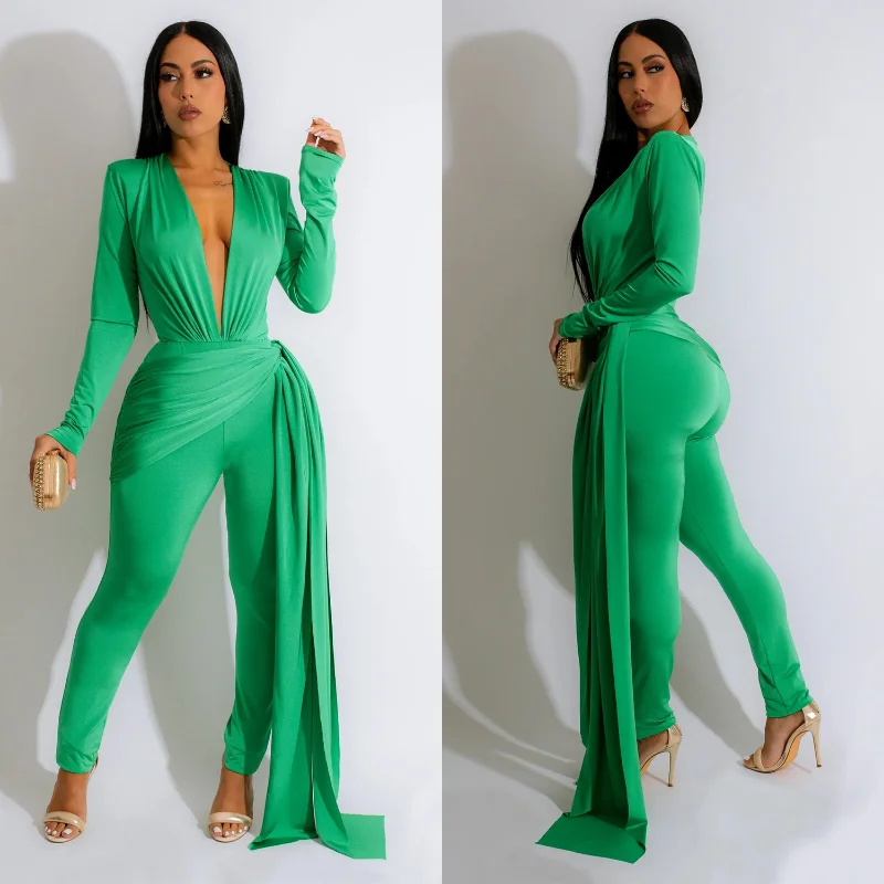 

Elegant Fashion Long Sleeve V Neck High Waist Skinny Pants Romper Overalls Outfits Summer Women Sexy Corset Jumpsuit Overalls