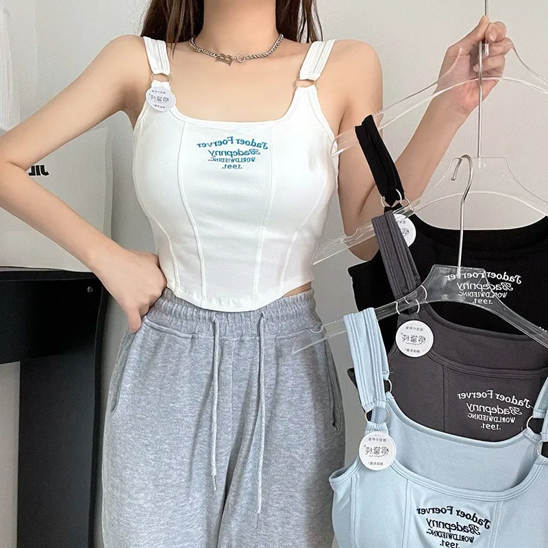

Women Camisole Letter Print Short Tank Tops Y2k Summer Irregular Crop Top Vest Camisole Sexy Tube Top Suspenders With Bra Pad
