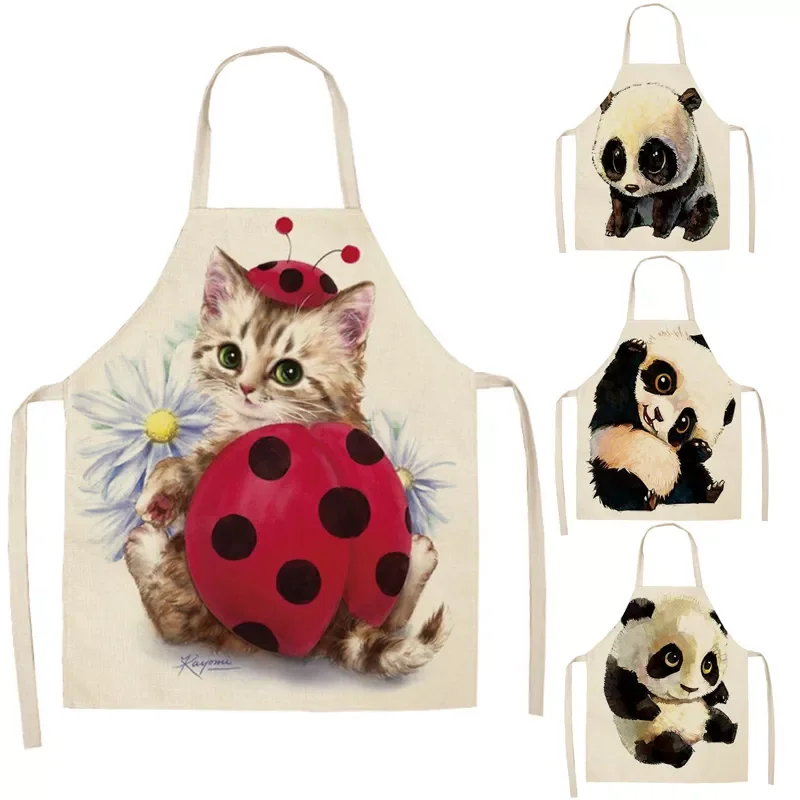 

2022New Panda Pattern Women's Kitchen Apron Sleeveless Cotton Linen Apron Household Cooking Baking Bib Cleaning Antifouling