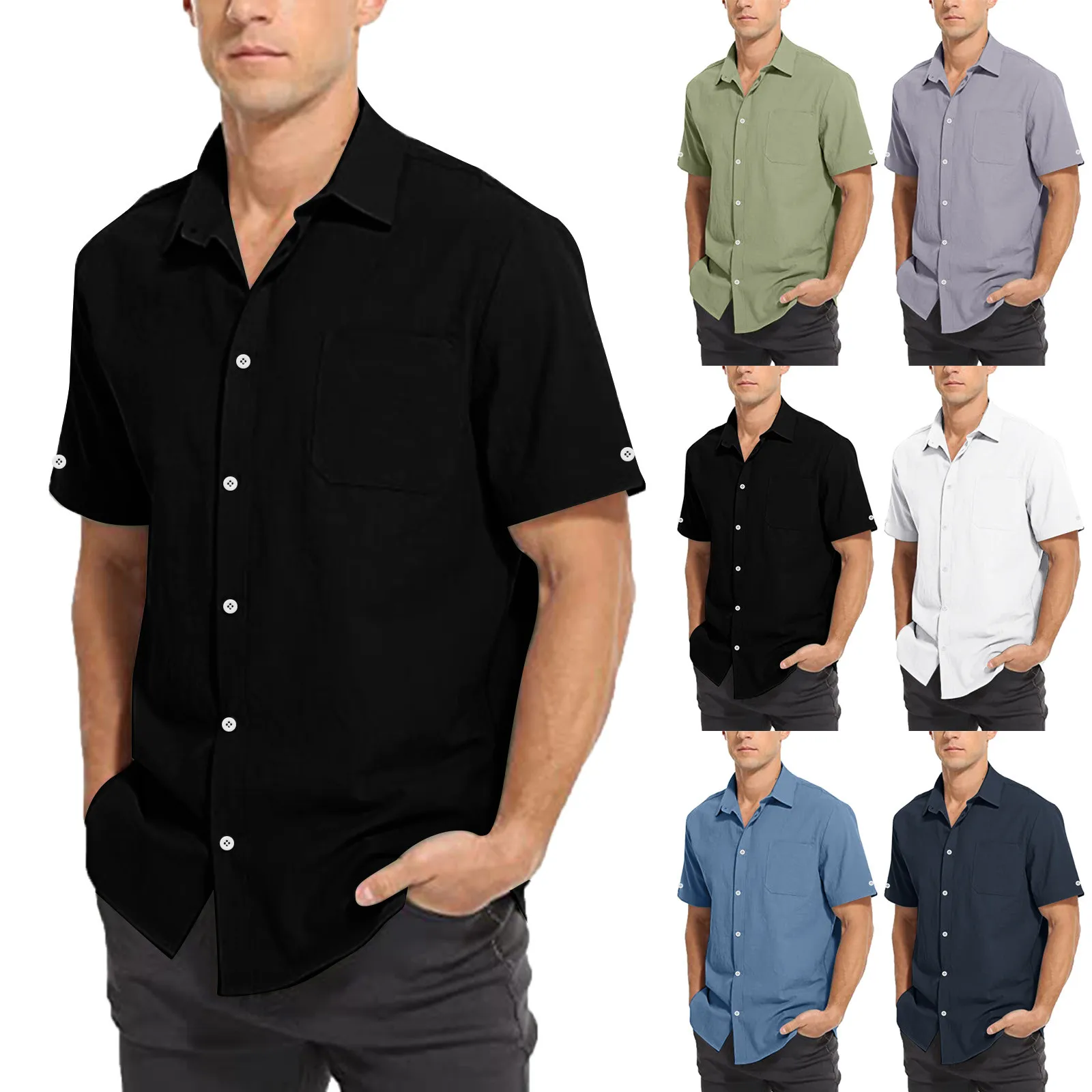 

New Men's Linen Shirt Summer Black Green White Casual Short Sleeve Pure Color Lapel Button Up Shirts Tops