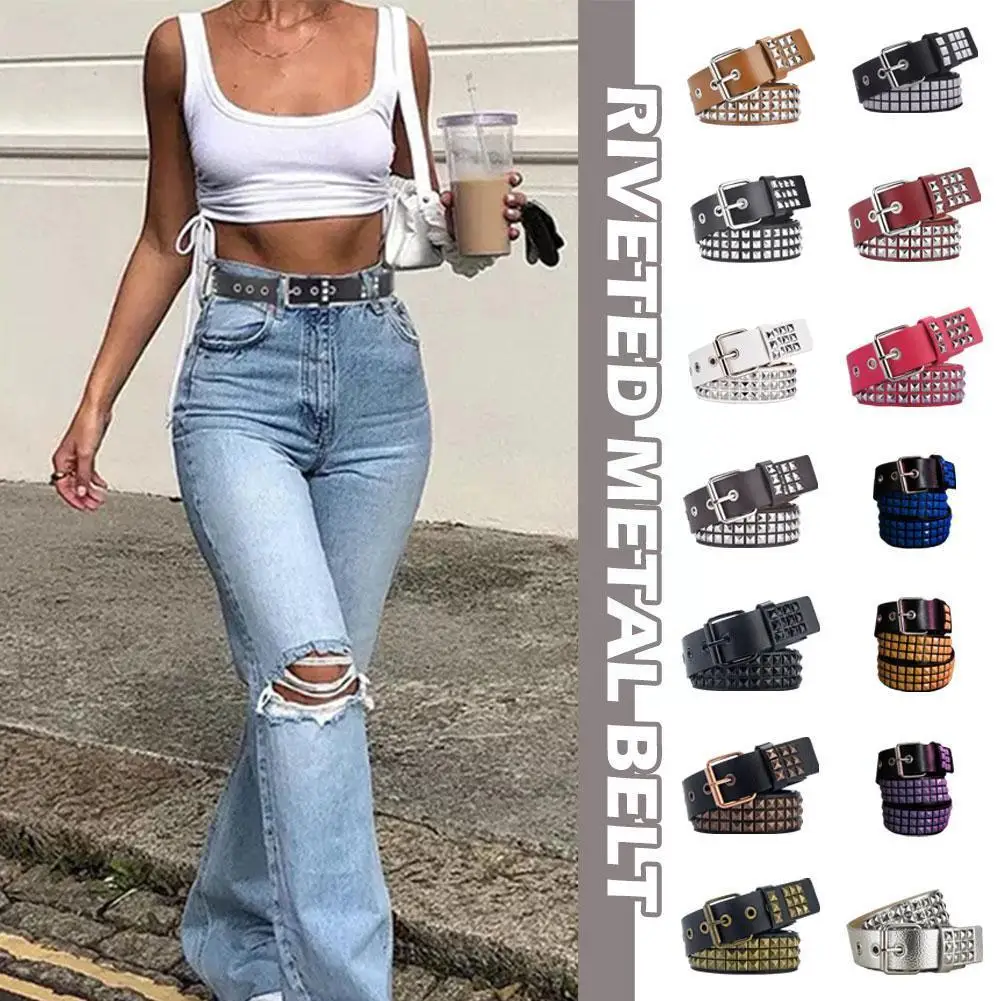 

Ремень женский в стиле панк, металлический черный пояс с квадратными бусинами и заклепками, в стиле Харадзюку, J1w2