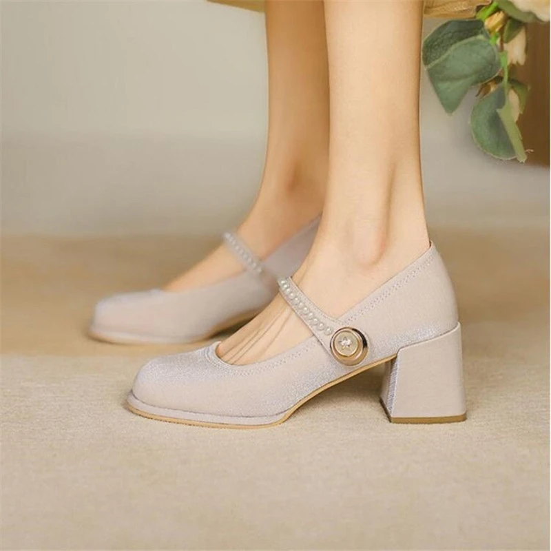 

Women High Heels French Mary Jane Shoes Low-top Thick Heels High-heeled Shoes One Word Buckle Fashion New Casual Solid Color