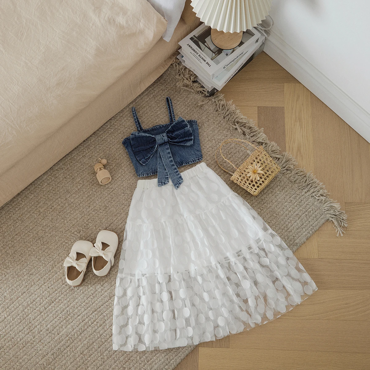 

Listenwind 3-8Y Girls Chic Skirt Suit Sleeveless Vest Short Tops A-Lined Short Skirt Dot Print See Through Tulle Half Dress