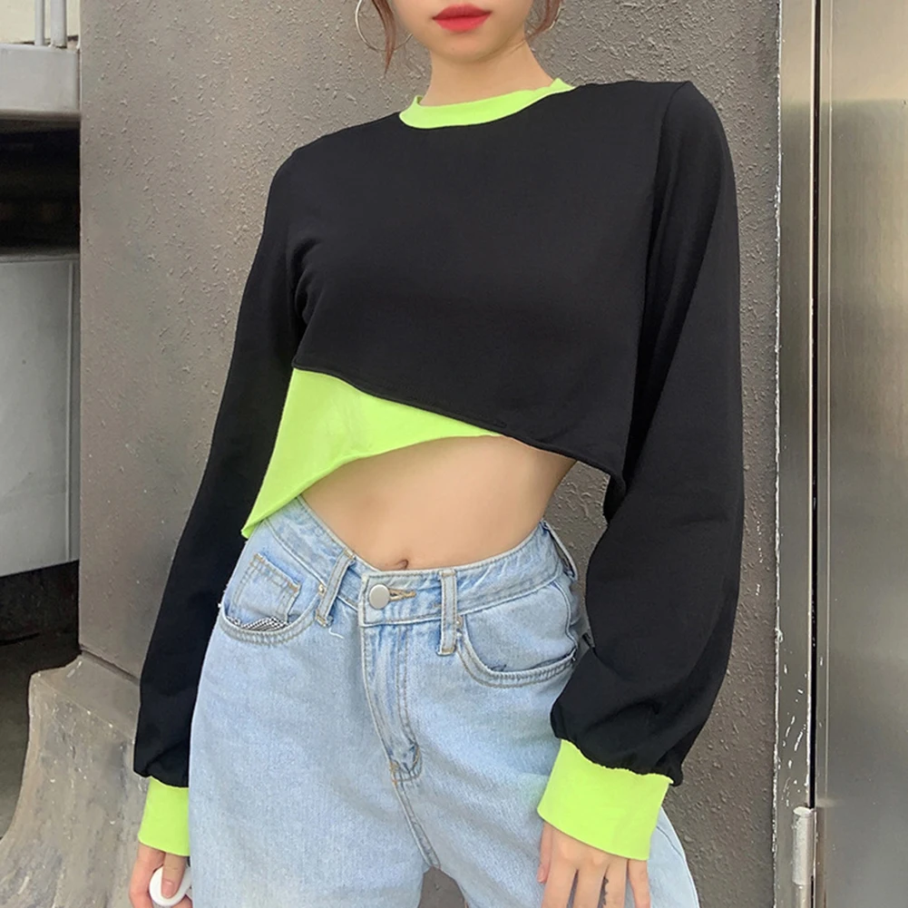 

Fall Women Black Patchwork Long-Sleeve Tshirts Gothic Short Tops Sexy Contrast-Color Shirt Tees New Streetwear Harajuke Y2K Tops