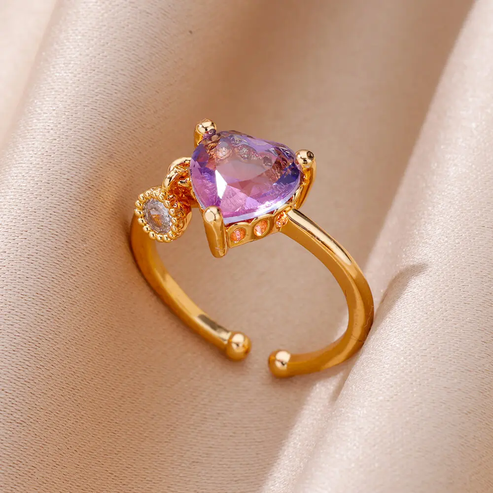 

Pink Bule Zircon Heart Rings For Women Gold Plated Stainless Steel Adjustable Heart Ring Femme Wedding Aesthetic Jewelry Gift