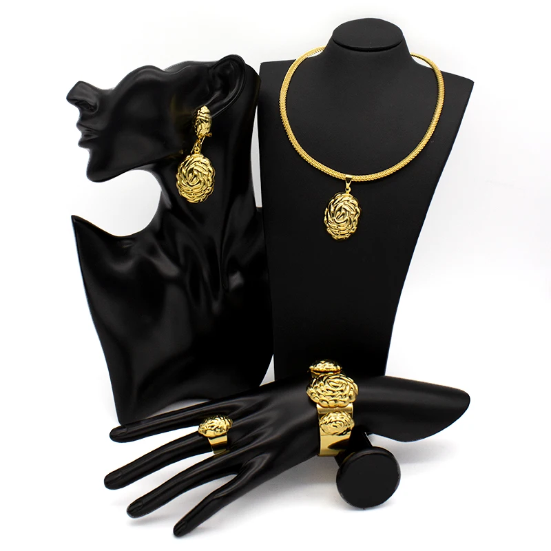 

Golden Jewelry Set For Women 24k Dubai Statement Brain Pattern Drop Earrings Pendant Necklace Bangle Rings Sets 4PCS With Choker