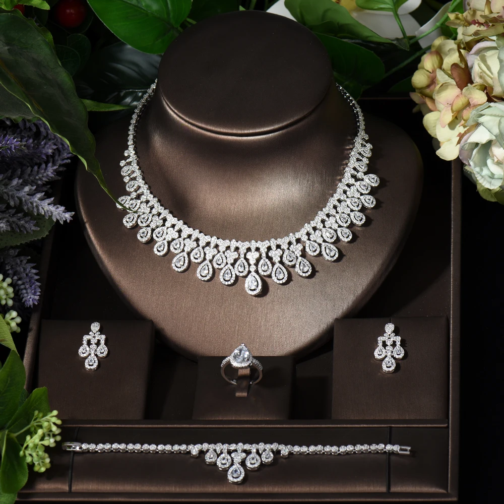 Fashion Trendy 4pcs Full Bridal Jewelry Sets for Women Party Luxury Dubai Nigeria CZ Crystal Bridal Wedding Jewelry Sets S-030