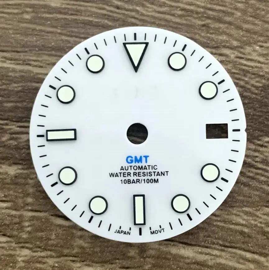 Watch Accessories 29MM Dial Enamel White Letter Dial Green Luminous GMT 4 Hands Dial for NH34 Movement