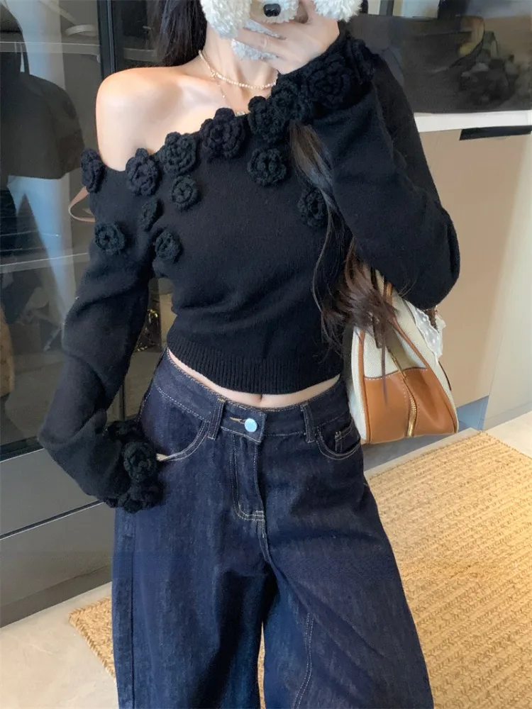 Ezgaga вязаный свитер для женщин с цветами открытыми плечами диагональный воротник