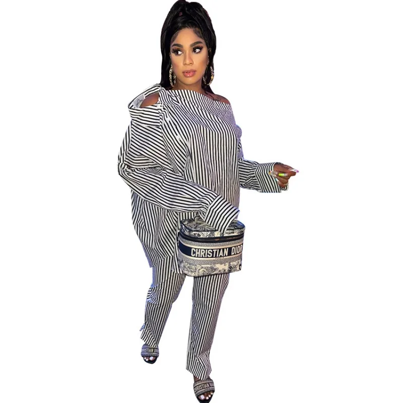 

2 Pieces Women's Sets 2022 Autumn Winter Stripe One Shoulder Pullover Suit Tops And Pants Suits Two Piece Set Tracksuit Outfit