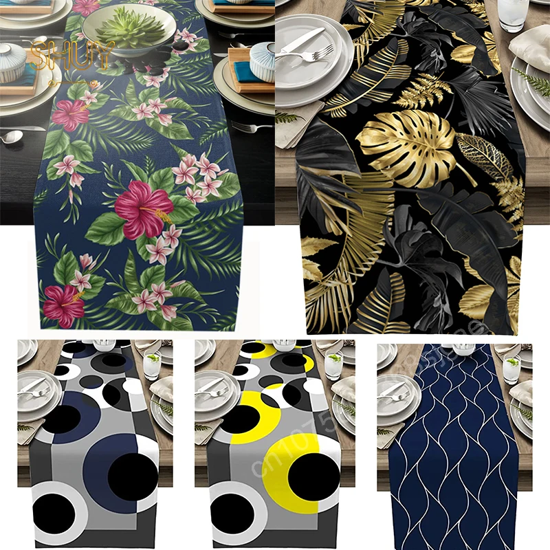 

Turquoise Linen Table Runners Kitchen Dinning Table Decor Accessories Geometric Stripes Print Tablecloth for Wedding Decoration