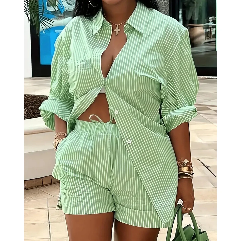 

Summer Women Two Pieces Blazer & Shorts Set Fashion Femme Casual Striped Buttoned Shirt & Shorts Set Suit Set Woman Clothing