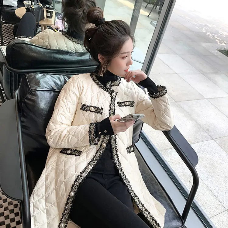 Wadded Coat Women 2023 Winter Elegant O Neck Button Lightweight Long Warm Outerwear Tassels Patchwork Female Black Padded Jacket