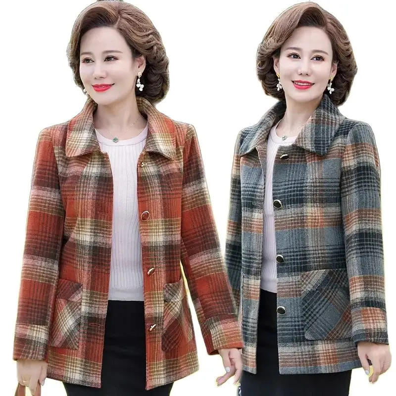 

Middle-Aged Elderly Mom Plaid Coat 2022 New Spring Autumn Women's Jacket Tops Loose Short Casual Lining Lattice Outerwear 5XL