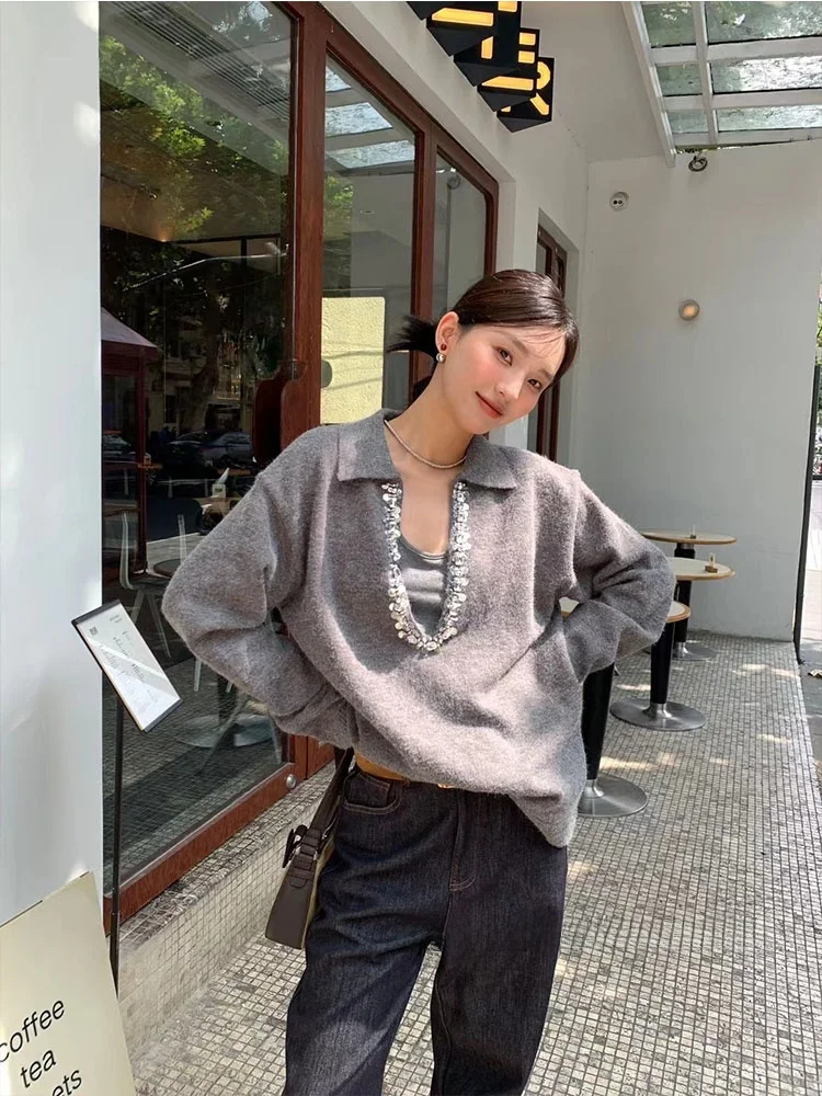 Miu Series Sweater ~ Design French sle Heavy Industry Beads Idle Sle Deep V-neck Knitted Outerwear + Vest Two-piece...