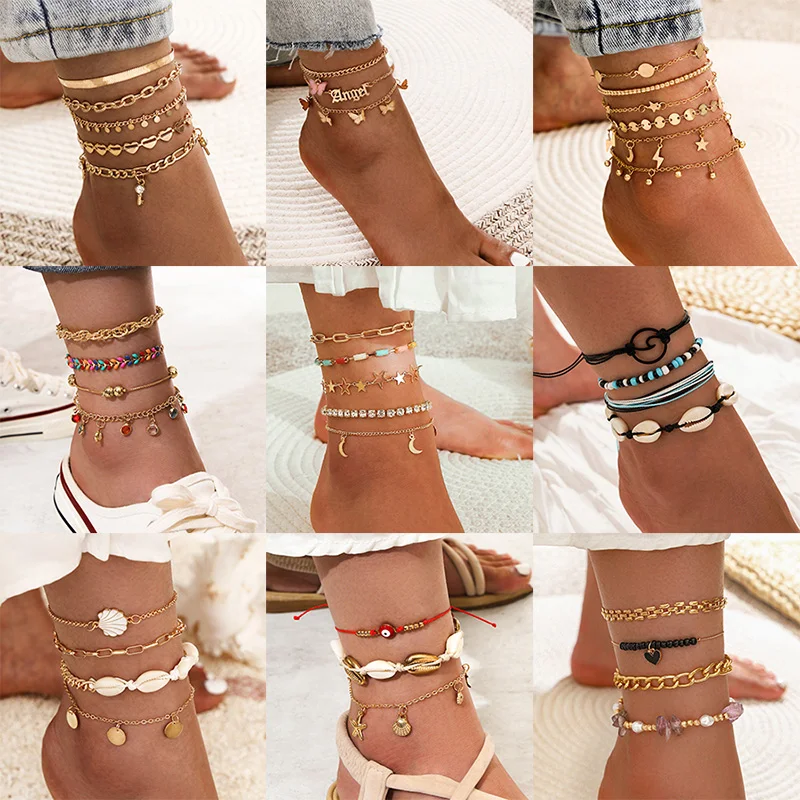 

Bohemia Shell Star Chain Ankle Bracelet On Leg Foot Jewelry Boho Starfish key butterfly Charm Anklet Set For Women Accessories