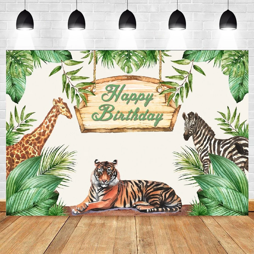 

Wild Animals Photography Background Decor Green Leaves Newborn Happy Birthday Party Tiger Lion Photocall Backdrop Studio Shoot