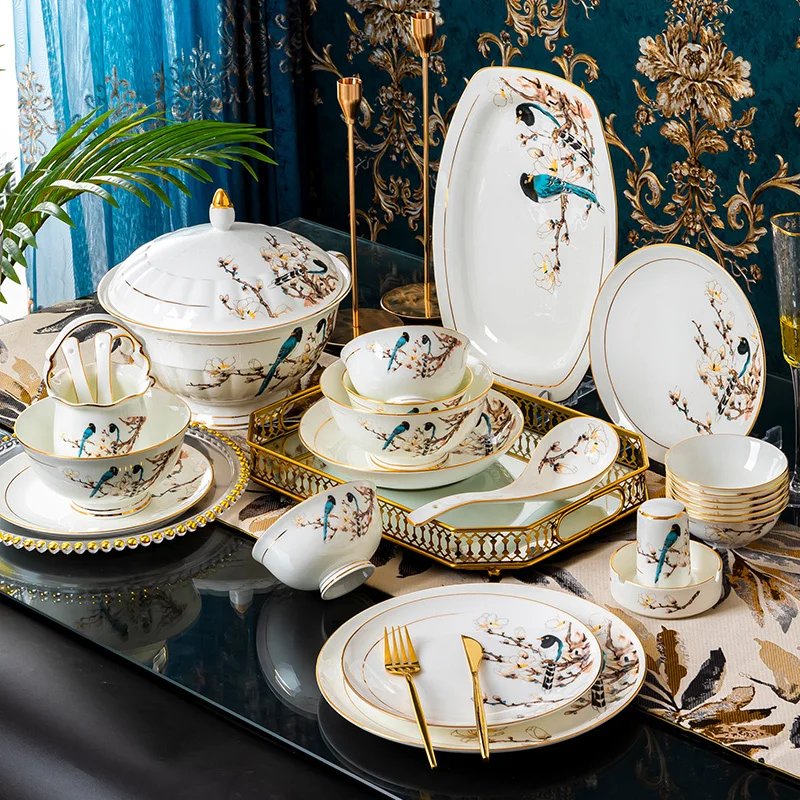 

Стационарный набор, домашняя китайская керамическая посуда Цзиндэчжэнь, высококачественные золотистые фарфоровые палочки для еды, полный Обеденный набор, подарки