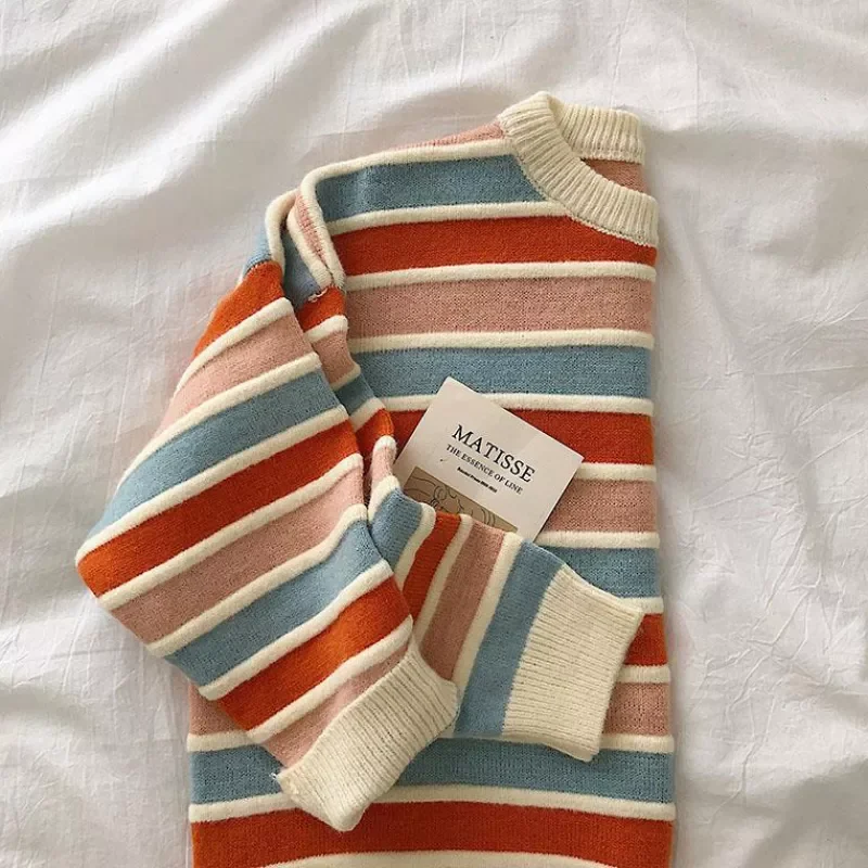 

New2022 Fashion Striped Women Pullover Sweater Casual O Neck Pullover Autumn Loose Multi Color Knitted Jumper Female Winter Tops